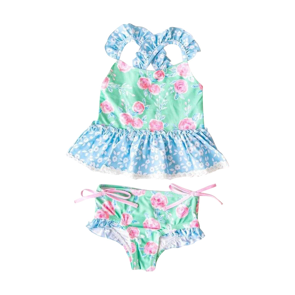 Baby Girls Ruffle Top Green Rose Flowers 2pcs Swimsuits Preorder (moq 5)