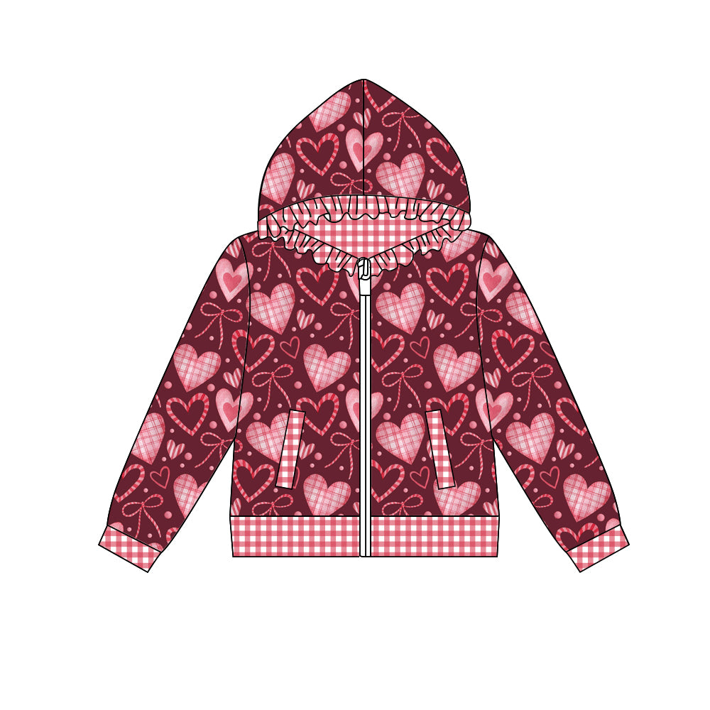 Preorder (moq 5) Baby Girl Clothes Burgundy Plaid Heart Bow Print Long Sleeve Ruffle Zip Hoodie Jacket