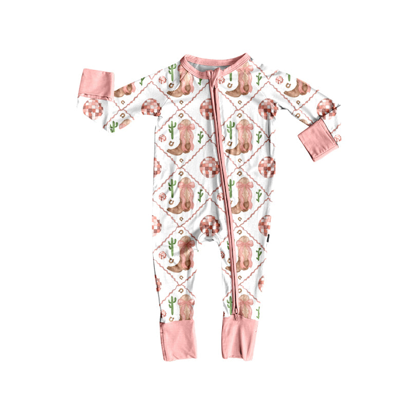 Preorder(moq 5)Baby Girls Western Boots Pink Zipper Footie Rompers