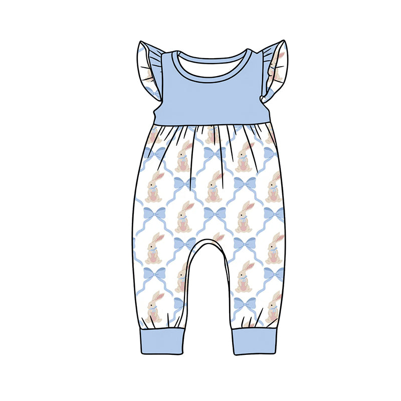 Preorder (moq 5)Baby Girls Flutter Sleeve Blue Bows Rabbits Checked Easter Footie Rompers