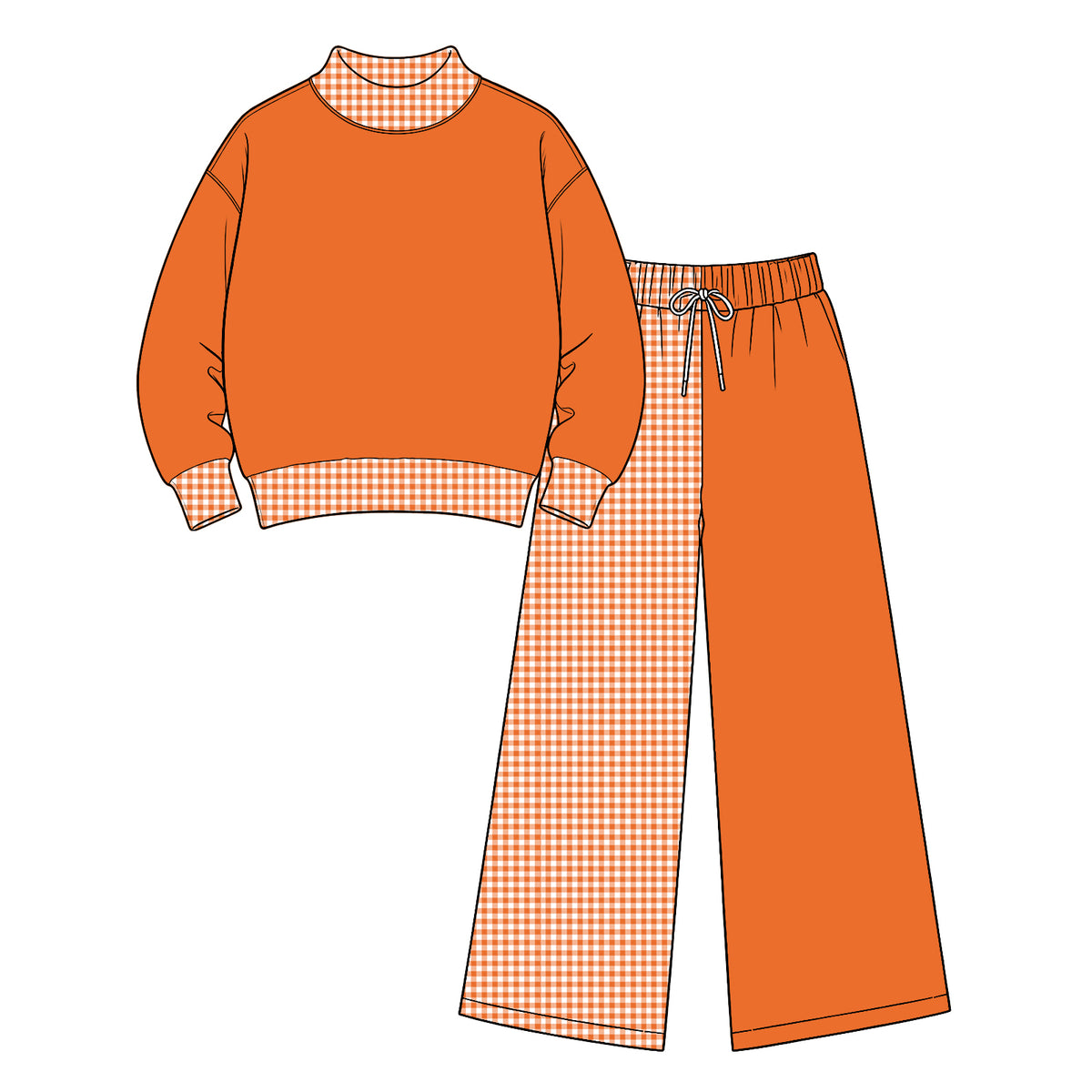 Preorder (moq 5) Baby Girl Clothes Solid Orange Gingham Contrast Print Long Sleeve Wide Leg Pant Boutique Outfit Set