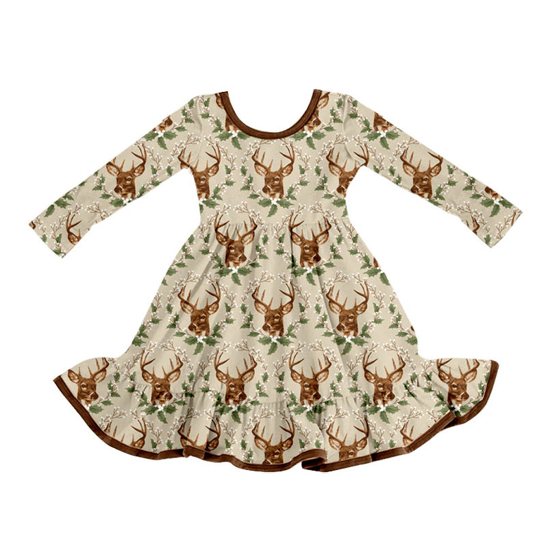 Preorder (moq 5) Baby Girl Clothes Deer Holly Winter Mixed Print Long Sleeve Twirl Ruffle Dress