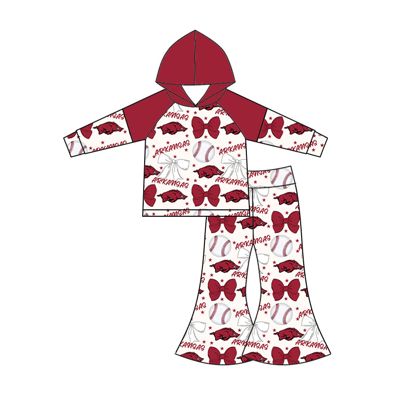 Preorder (moq 5)Baby Girls Long Sleeves Baseballs Bows Arkansas Hoodie Top Bell Bottom Pant Team Set