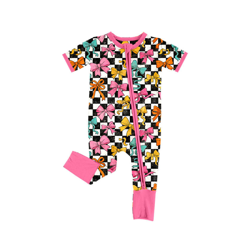 Preorder (moq 5)Baby Girls Black Checked Colorful Bows Zipper Footie Rompers