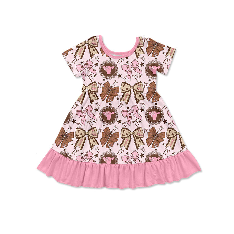 Preorder (moq 5)Baby Girls Pink Bows Highland Cows Western Ruffle Knee Length Dresses