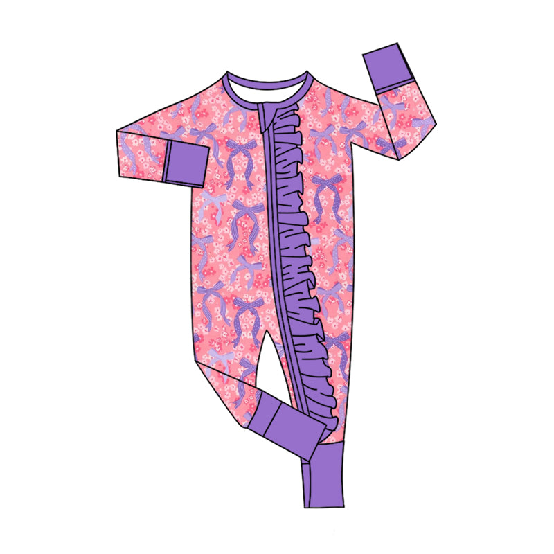 Preorder (moq 5)Baby Girls Colorful Flowers Bows Two Way Ruffle Zip Convertible Rompers