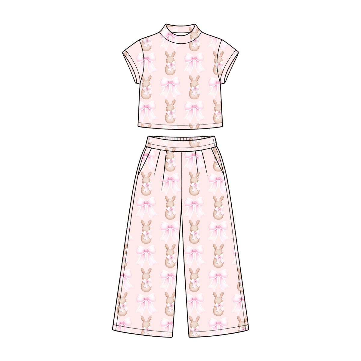Preorder (moq 5) Baby Girl Clothes Pastel Bow Bunny Allover Print Short Sleeve Wide Leg Pant Set