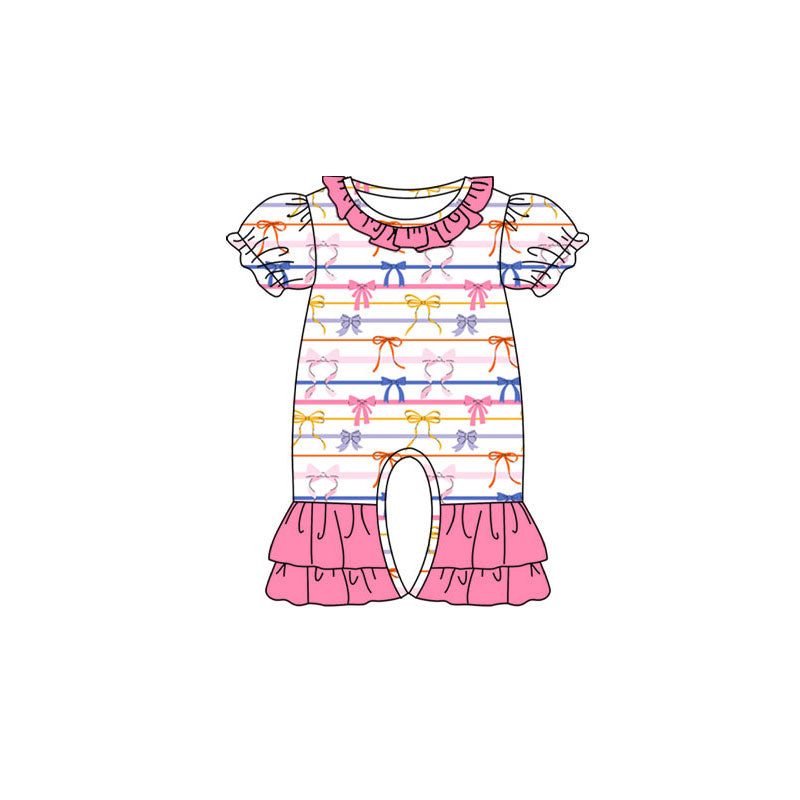 Preorder (moq 5)Baby Girls Colorful Bows Stripe Ruffle Footie Rompers