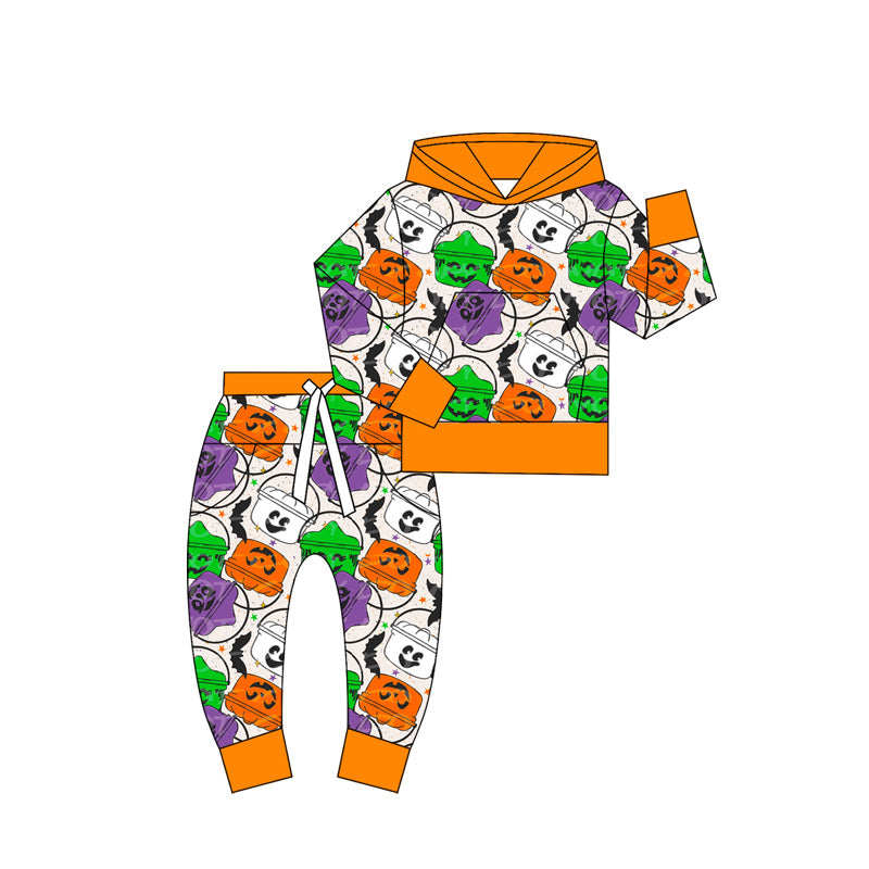 Preorder moq 5 Baby Kids Halloween Pumpkin basket Hoodies Top Pant Sets