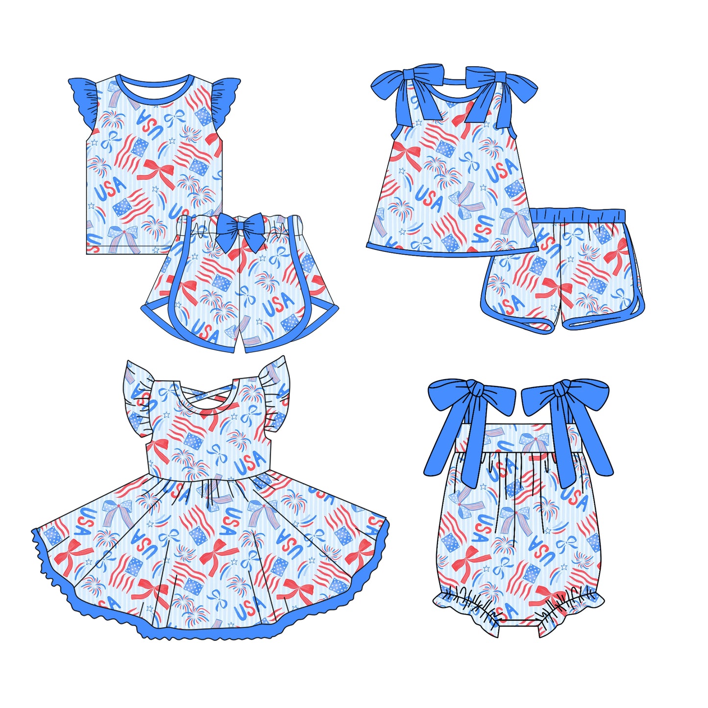 Preorder moq 5 Custom Baby Girls Bows Flags Top Short 4th Of July Sets Knee Length Dress Ruffle Rompers