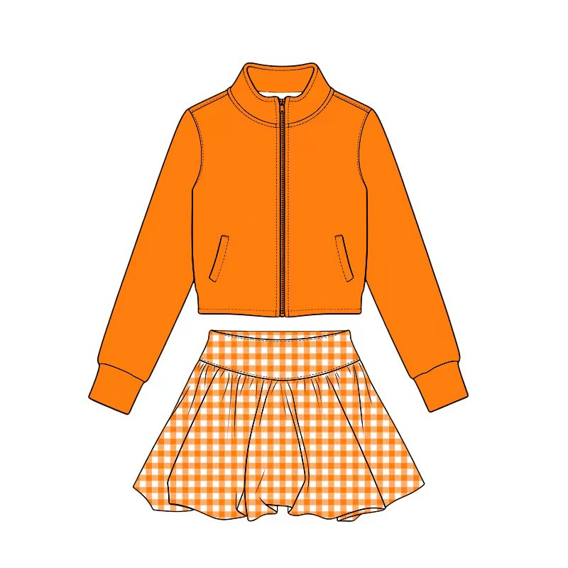 Preorder (moq 5) Baby Girl Clothes Solid Orange Plain Print Long Sleeve Zip Jacket Gingham Skirt Yoga Outfit Set