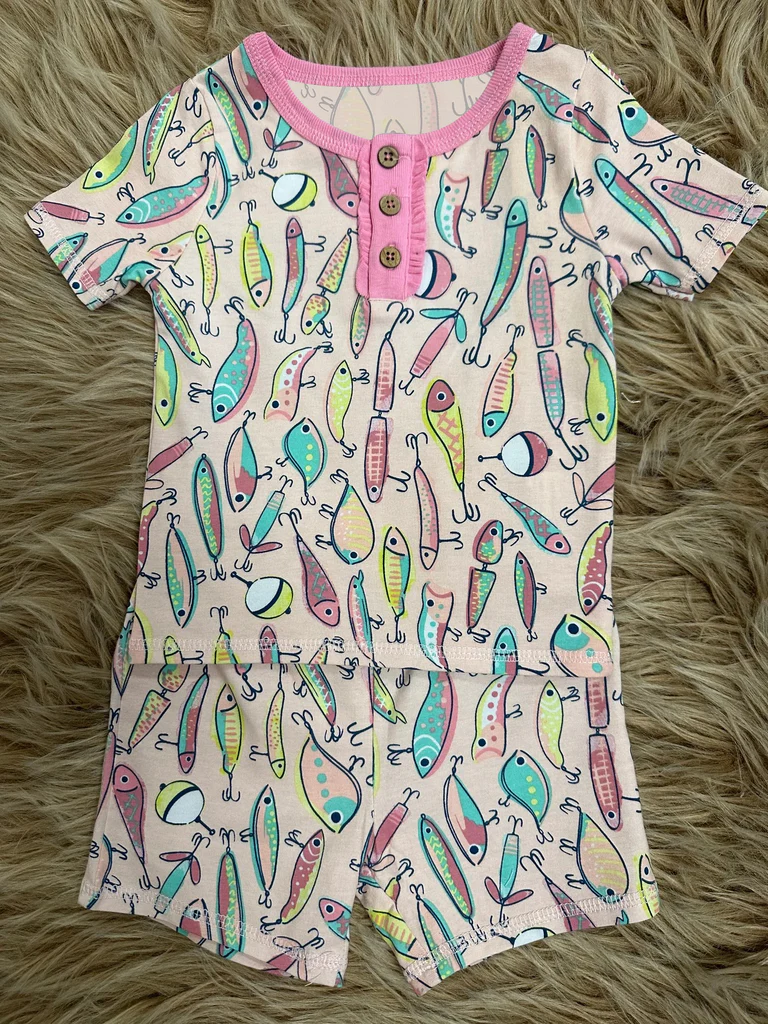 Preorder moq 5 Baby Girls Short Sleeves Button Fishing Top Shorts Pajamas Clothes Set