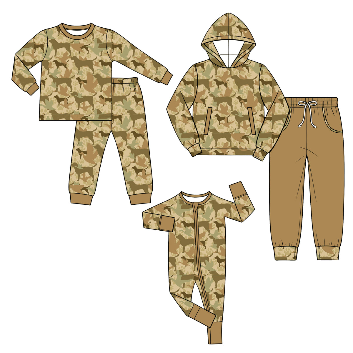 Preorder (moq 5) Baby Boy Clothes Khaki Hunting Dog Camo Print Long Sleeve Hoodie Jogger Pant Set