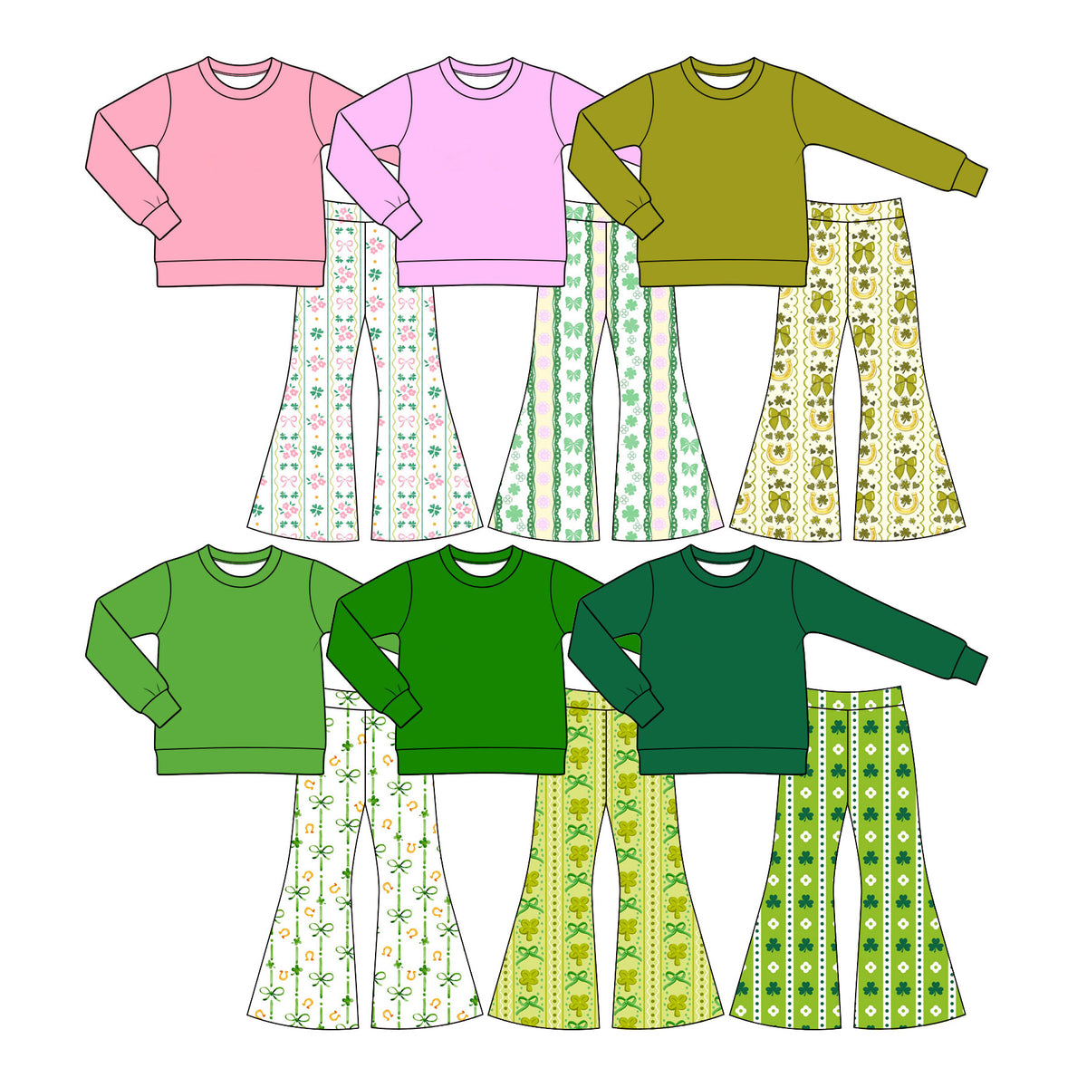 Preorder (moq 5) Baby Girl Clothes St Patrick's Day Dot Clover Bow Striped Print Long Sleeve Flare Pant Set