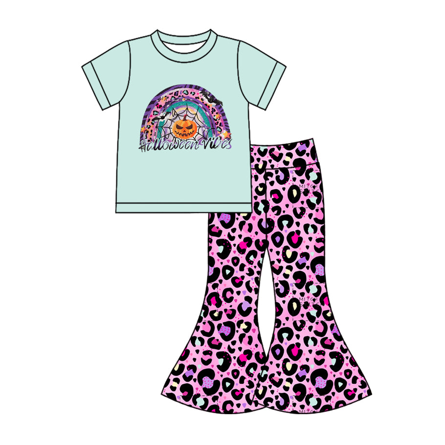 preorder(MOQ 5)Baby Girls Blue Short Sleeves Ghost Pumpkin Top Leopard Bell Bottom Pants Set
