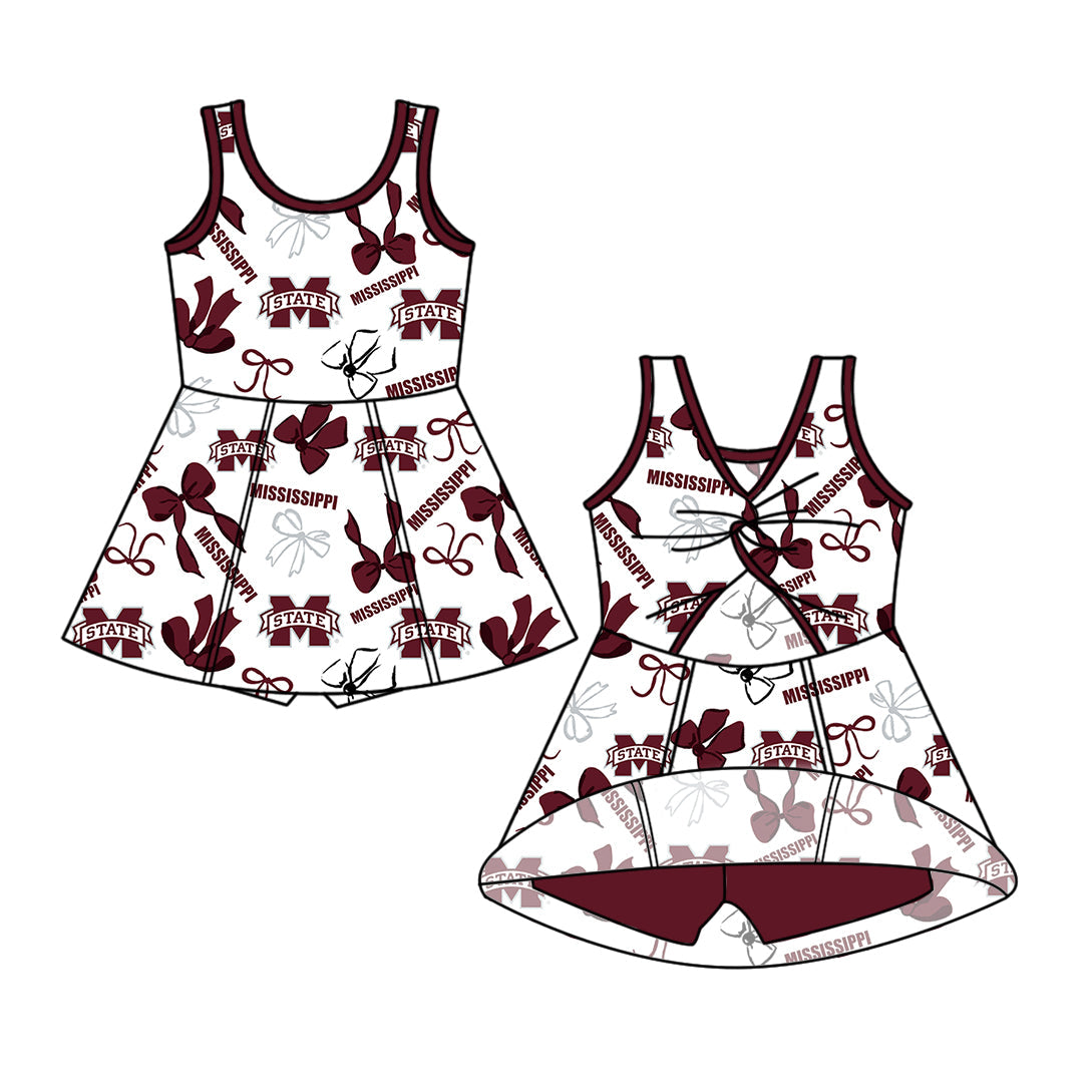 Preorder (moq 5)Baby Girls Sleeveless M State Bows Team Shorts Knee Length Dresses