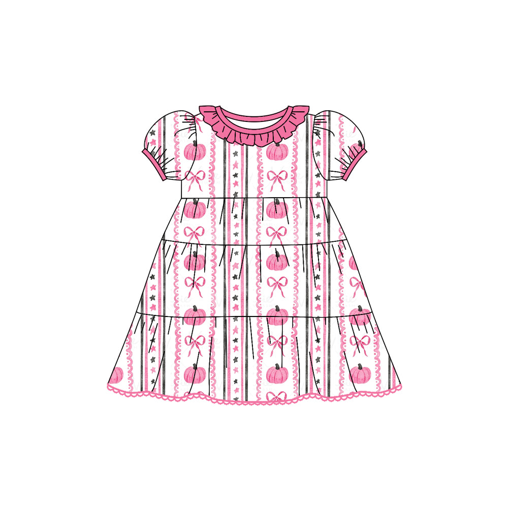 Preorder (moq 5)Baby Girls Short Ruffle Sleeves Pink Bows Pumpkins Stripes Knee Length Dresses