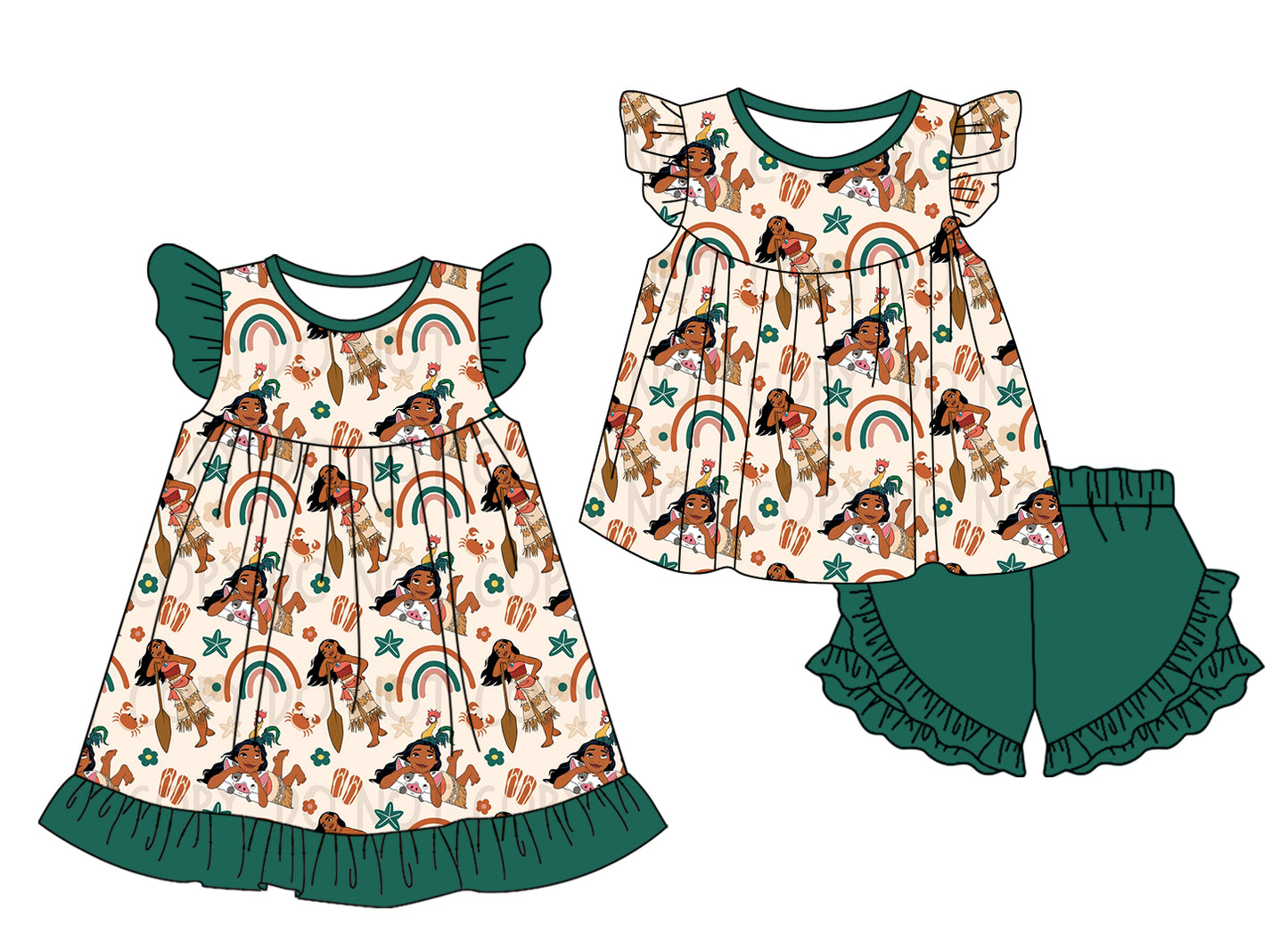 Preorder moq 5 Custom Baby Girls Green Flutter Sleeves Rainbows Hunting Tunic Ruffle Short Set Knee Length Dress