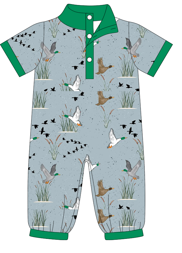 Preorder moq 5 (each item)Baby Boys Short Sleeve Ducks Deer Button Hunting Footie Rompers
