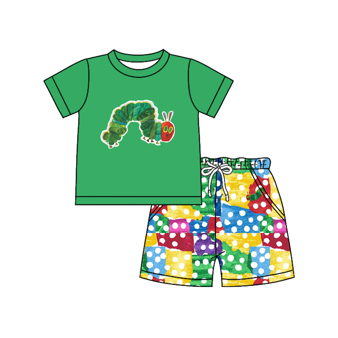 Preorder moq 5 Baby Boys Green Short Sleeves Caterpillars Top Pockets Shorts Set