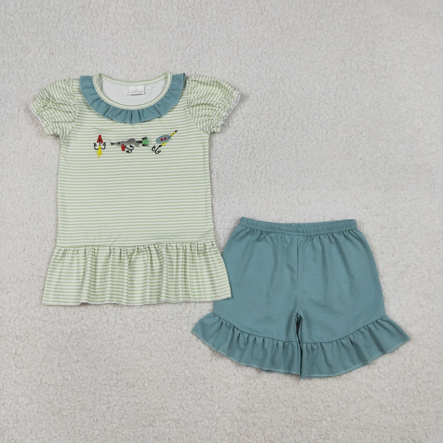 Embroidery Fishing Baby Girls Stripe Collar Tunic Ruffle Shorts Hunting Clothes Sets