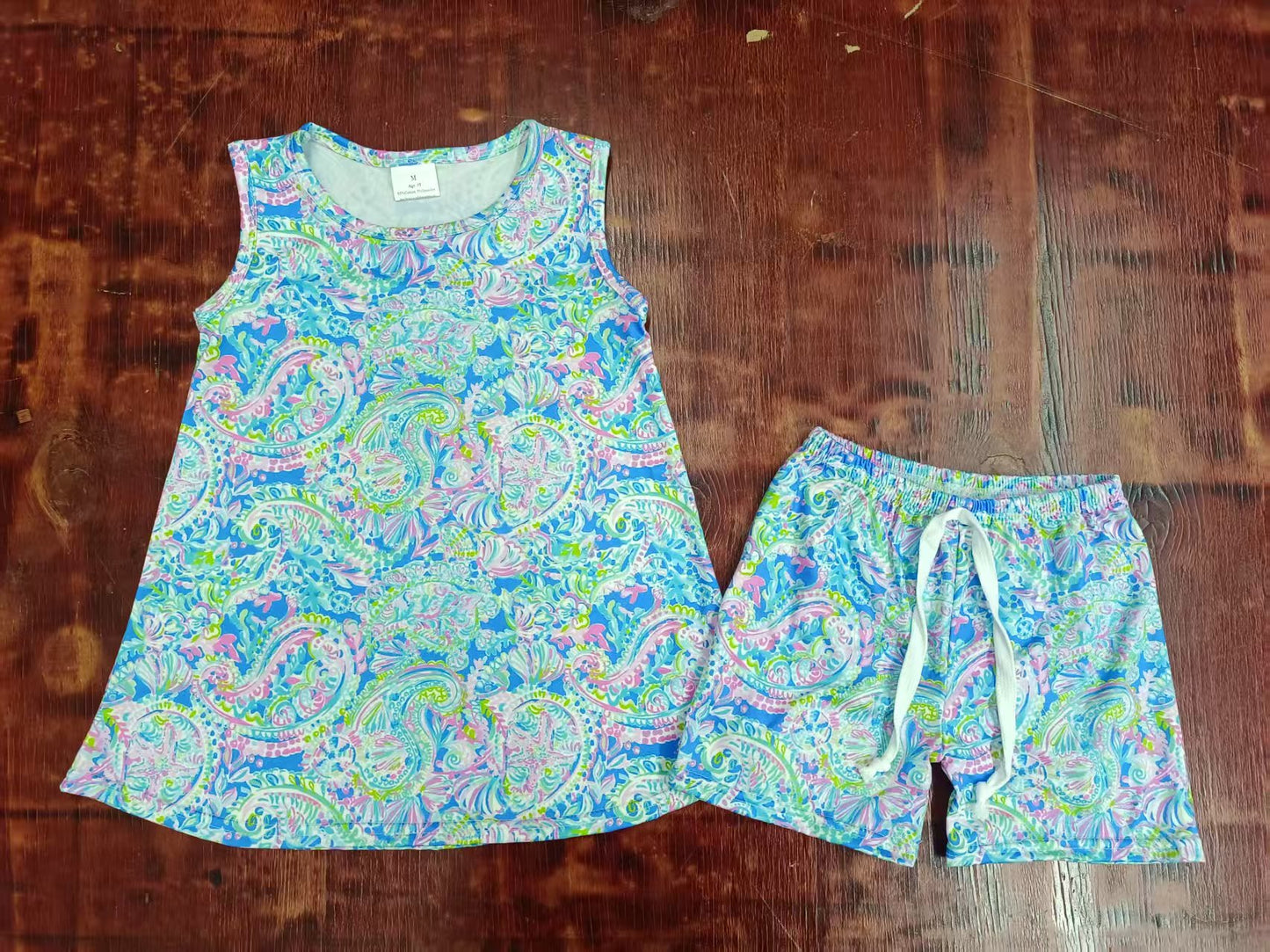 Preorder moq 5 Baby Girls Sleeveless Green Watercolor Floral Tunic Shorts Set