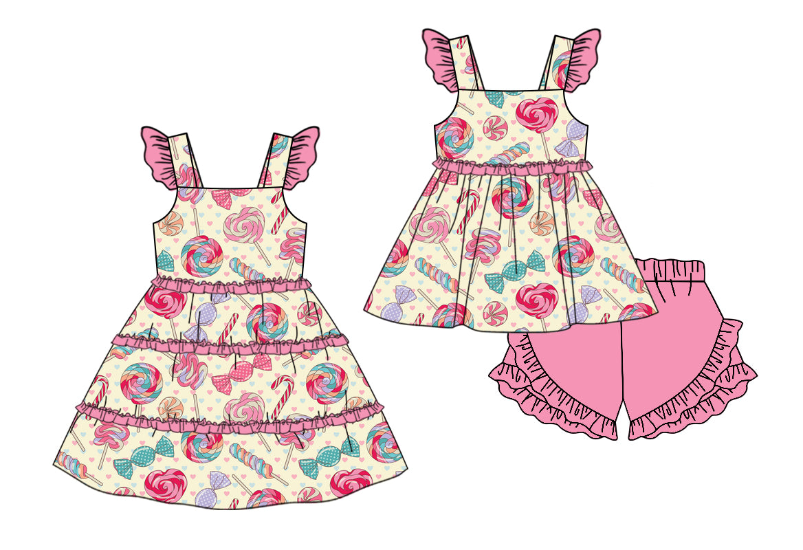 Preorder(moq 5 each) Baby Girls Lolli Candy Hearts Ruffles Summer Dress Shorts Sets