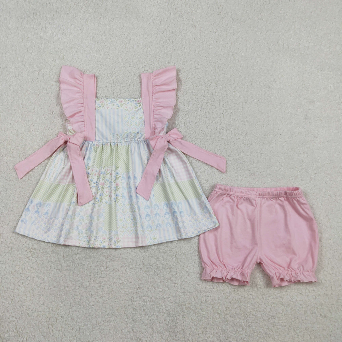 Sibling Baby Girls Flowers Checked Tunic Ruffle Shorts Clothes Set Knee Length Dress Rompers