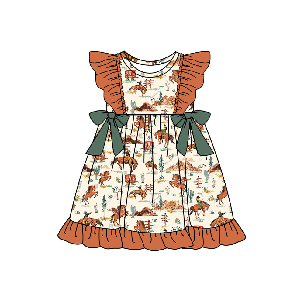 Preorder (moq 5)Baby Girls Western Rodeo Cactus Bows Knee Length Dresses