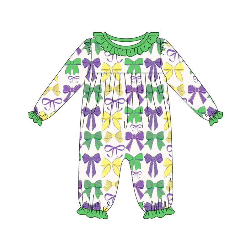 Preorder(moq 8)Baby Girls Mardigras Colorful Bows Ruffle Collar Footie Rompers