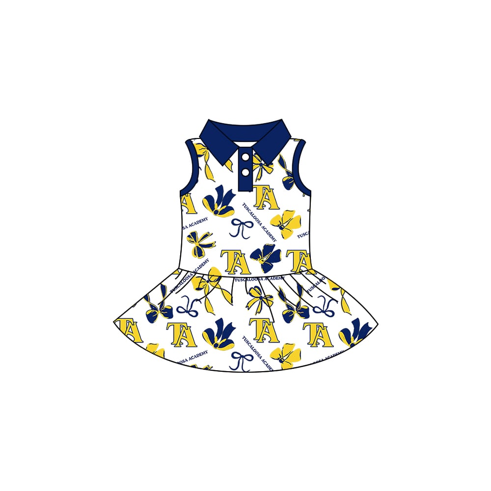 Preorder (moq 5)Baby Girls Sleeveless Navy Yellow Bows TA Button Team Knee Length Dresses