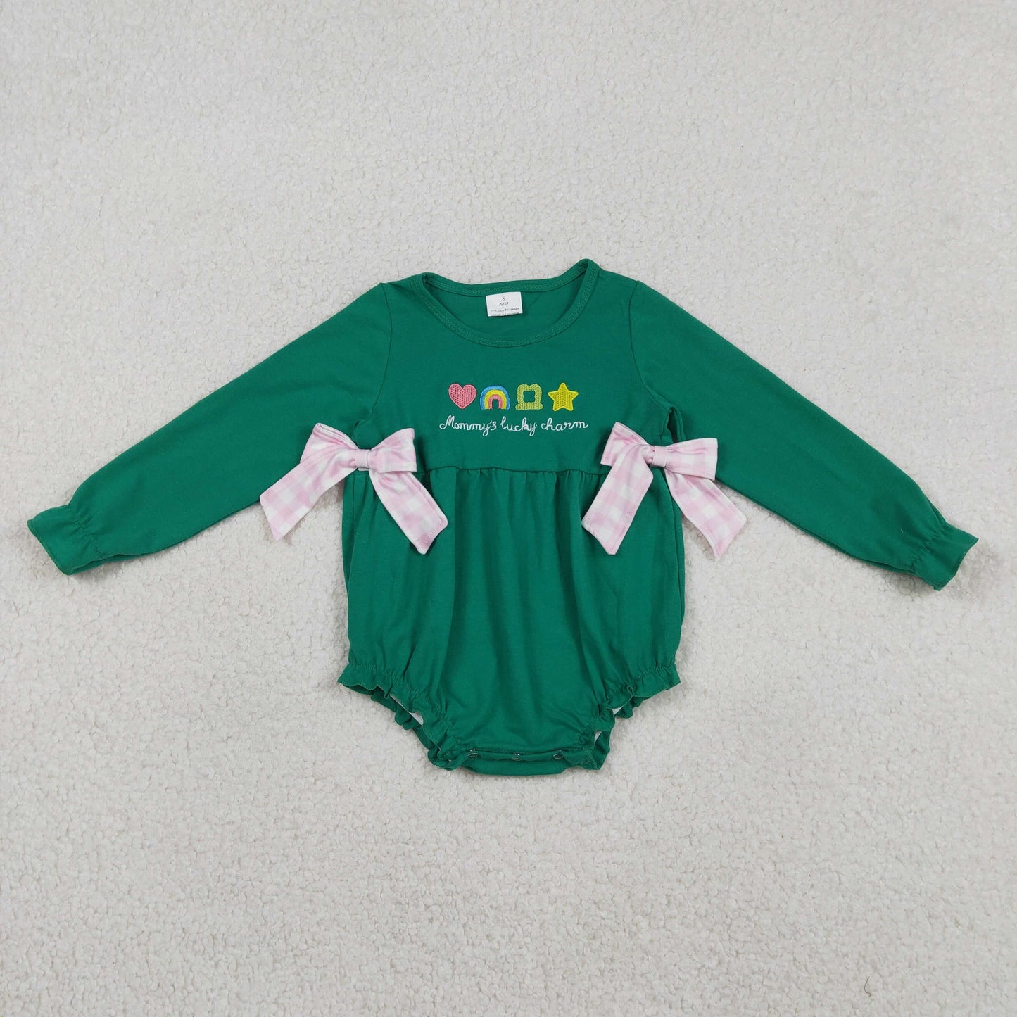 Embroidery Clovers Baby Girls Green Long Sleeve St Patrick Bows Ruffle Rompers