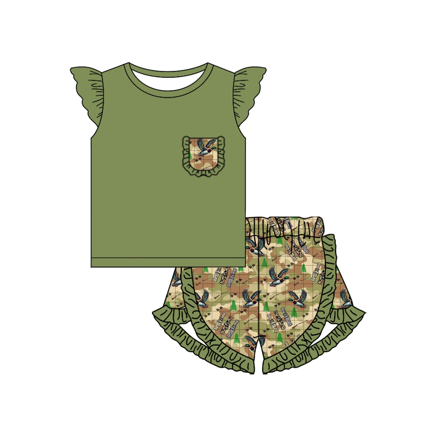 Preorder (moq 5)Baby Girls Green Pocket Shirt Ruffle Duck Call Camo Shorts Clothes Sets
