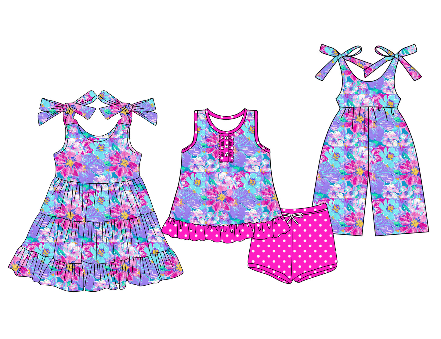 Preorder moq 5 Custom Baby Girls Pink Watercolor Floral Button Tunic Polka Dots Short Set Knee Length Dress Jumpsuits