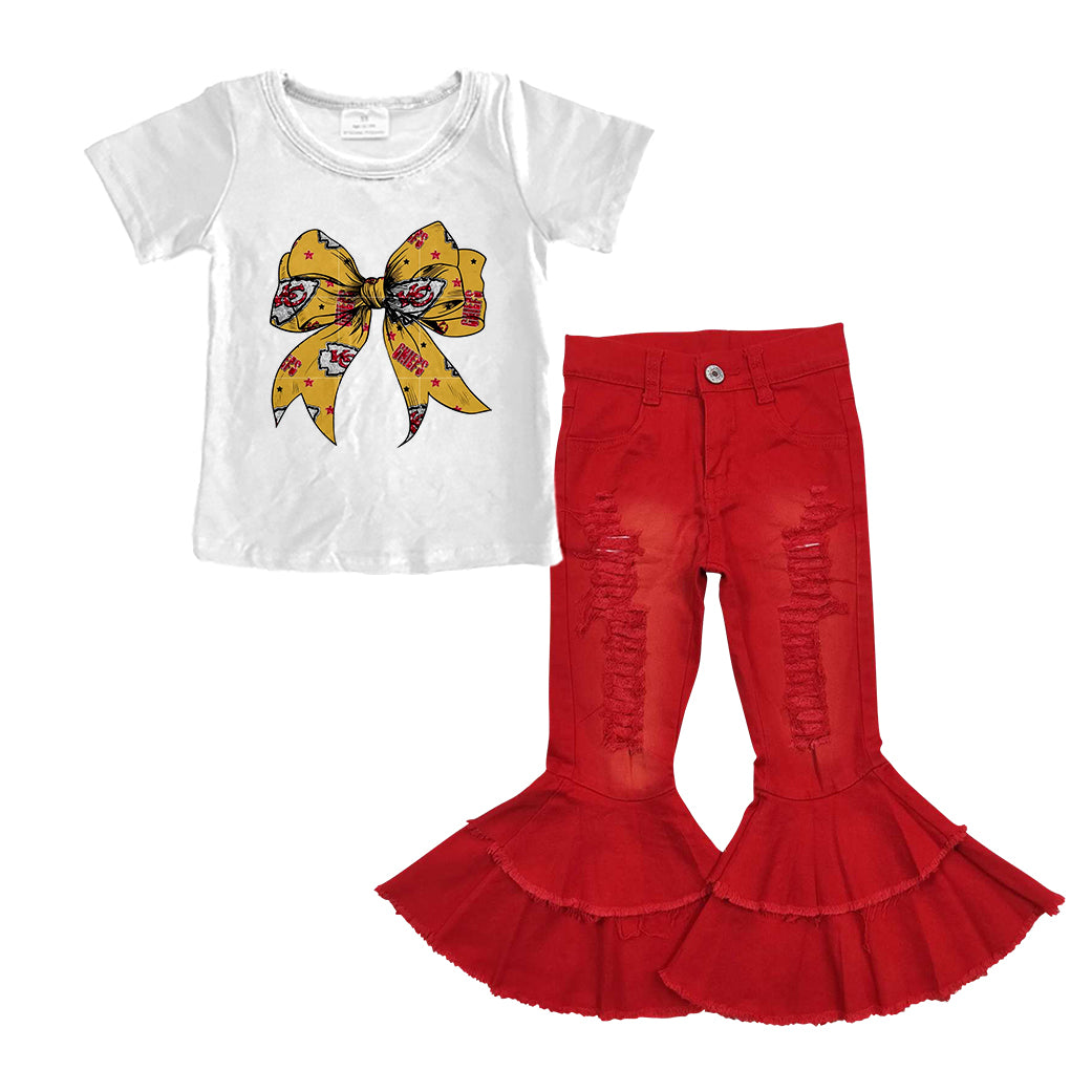 Baby Girls KC Chief Tee Shirts Tops Red denim pants sets preorder(moq 5)