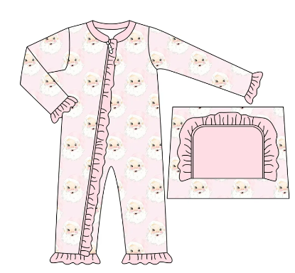 Preorder(moq 5)Baby Infant Girls Christmas Pink Santa Plaid Ruffle Zipper Footie Rompers