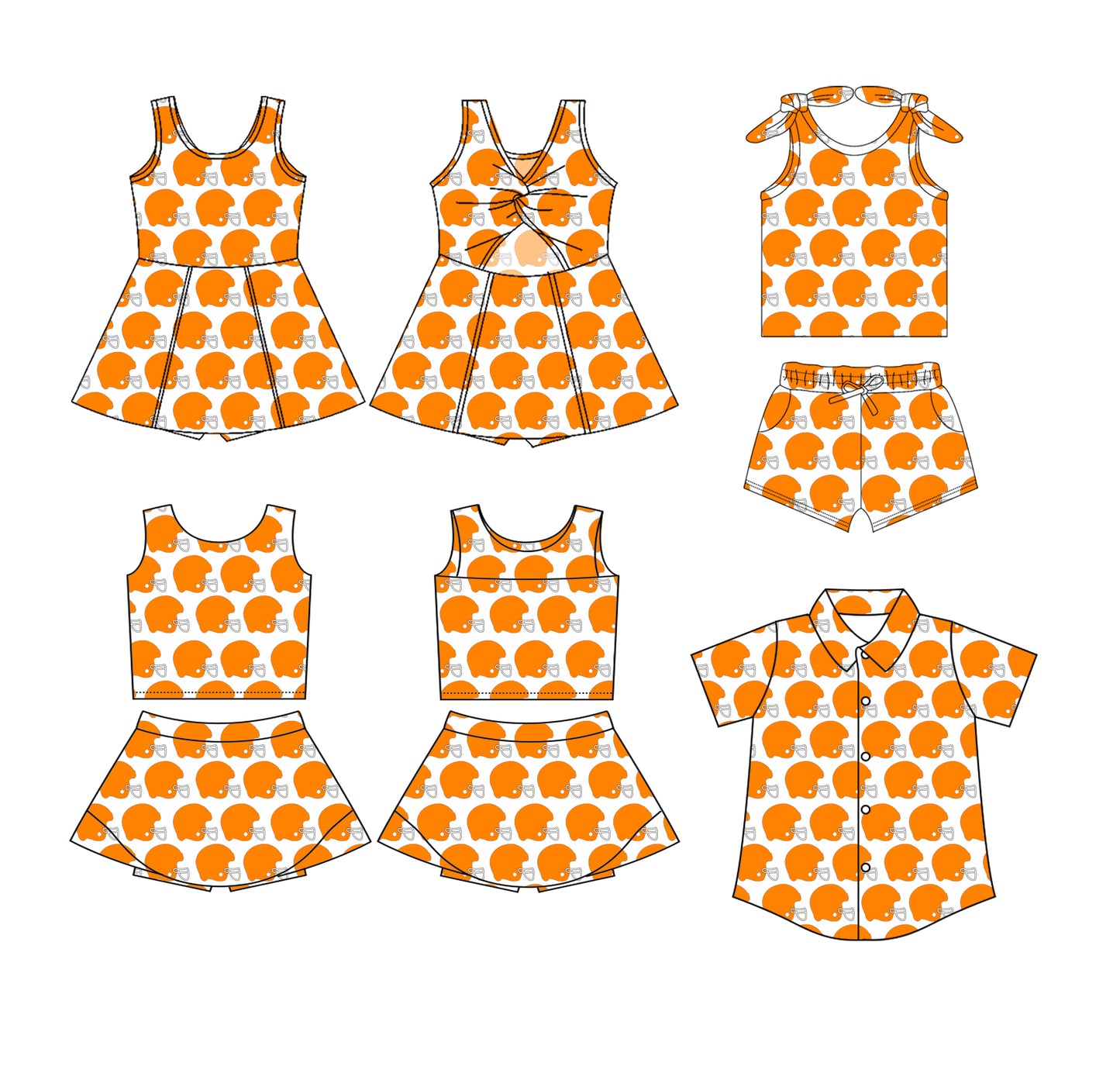 Preorder moq 5 Custom Baby Girls Orange Baseball Hats Top Pockets Short Set Skort Knee Length Dress Button Shirts