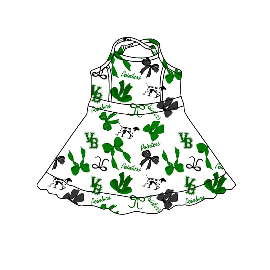 Preorder (moq 5)Baby Girls Strap Bows Green pointers Shorts Ruffle Team Knee Length Dresses