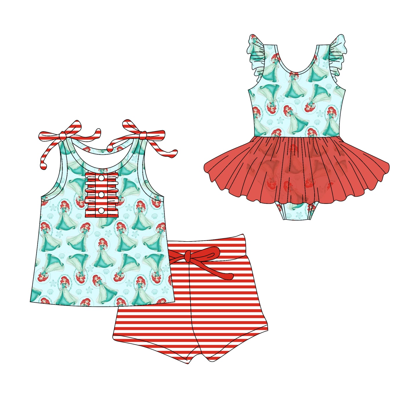 Preorder moq 5 Custom Baby Girls Red Strap Mermaid Starfishes Button Top Stripe Short Set Skort Bummise Romper