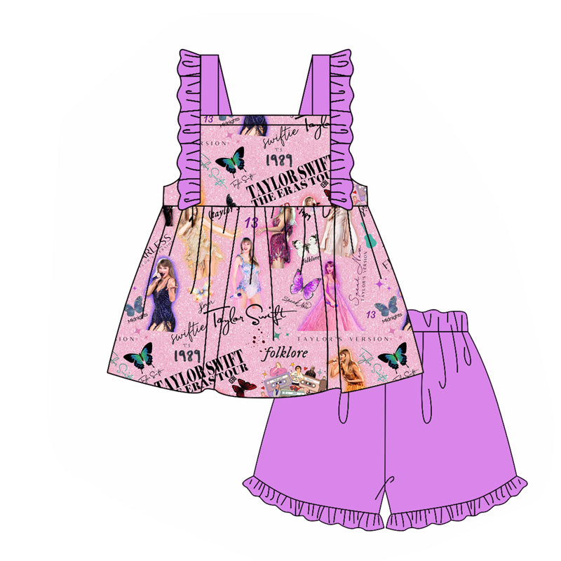 Preorder (moq 5)Baby Girls Singer Purple 1989 Tunic Top Ruffle Shorts Clothes Sets