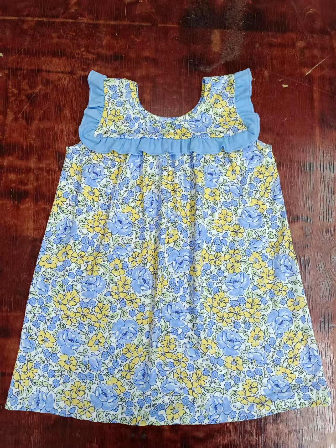 Preorder moq 5 Baby Girls Sleeveless Blue Yellow Floral Knee Length Dresses