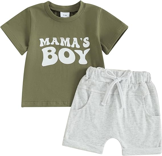 Baby Boys Green Mama's Boy Shirt Summer Shorts Clothes Sets preorder (moq 5)