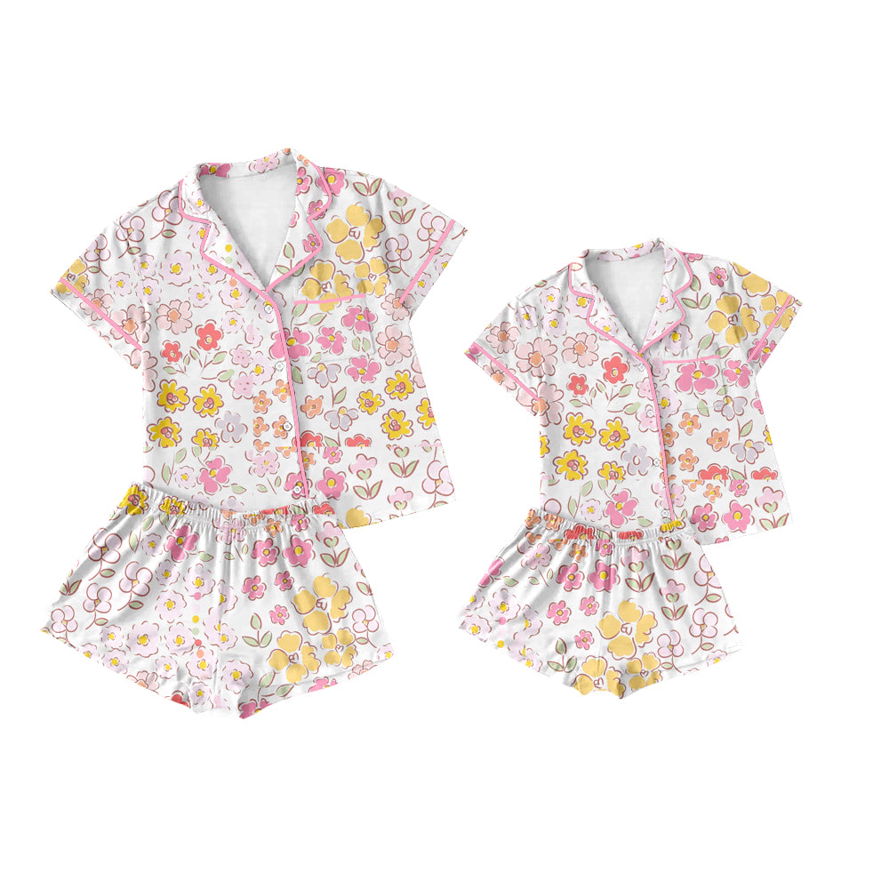 Preorder moq 5 Custom Mama And Me Pink Yellow Flowers Button Pocket Top Short Pajamas Set