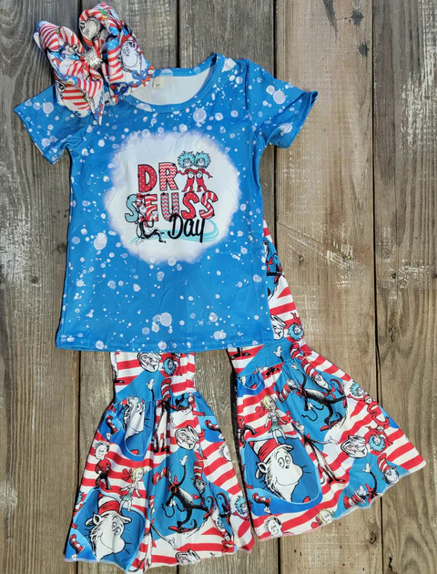 Baby Girls Cartoon Reading Bell Bottom Pants clothes sets