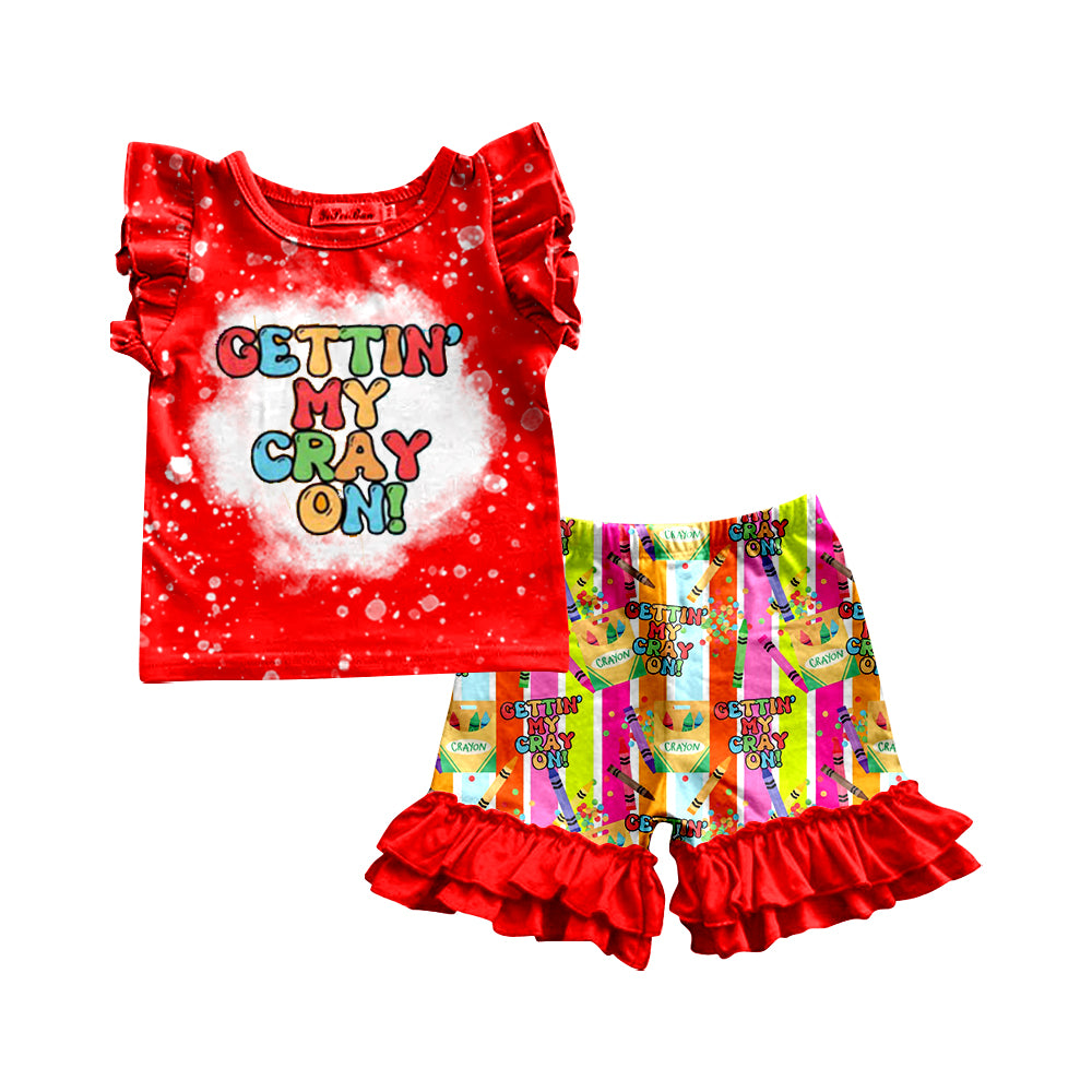 Baby Girls Back To School Crayon Red Shirt Shorts Clothes Sets preorder(moq 5)