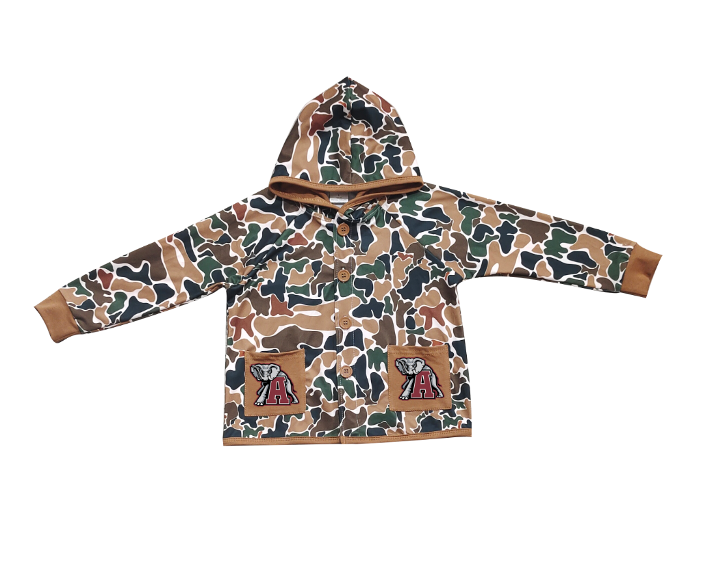 Preorder (moq 5)Baby Boys Dark Brown Camo A Elephants Pockets Team Button Hoodie Jackets Top