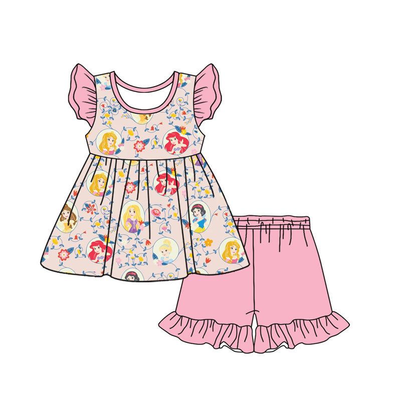 Preorder (moq 5)Baby Girls Princess Flowers Tunic Top Ruffle Shorts Clothes Sets