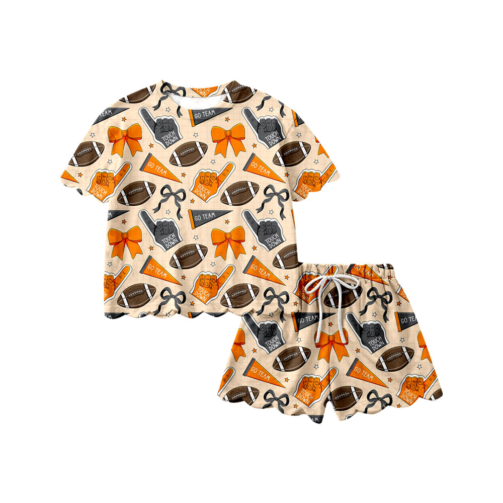 Preorder (moq 5)Baby Girls Bows Footballs Top Scallop Shorts Team Clothes Sets
