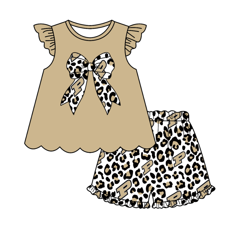 Preorder (moq 5)Baby Girls P Team Bow Tunic Tops Leopard Shorts Clothes Sets