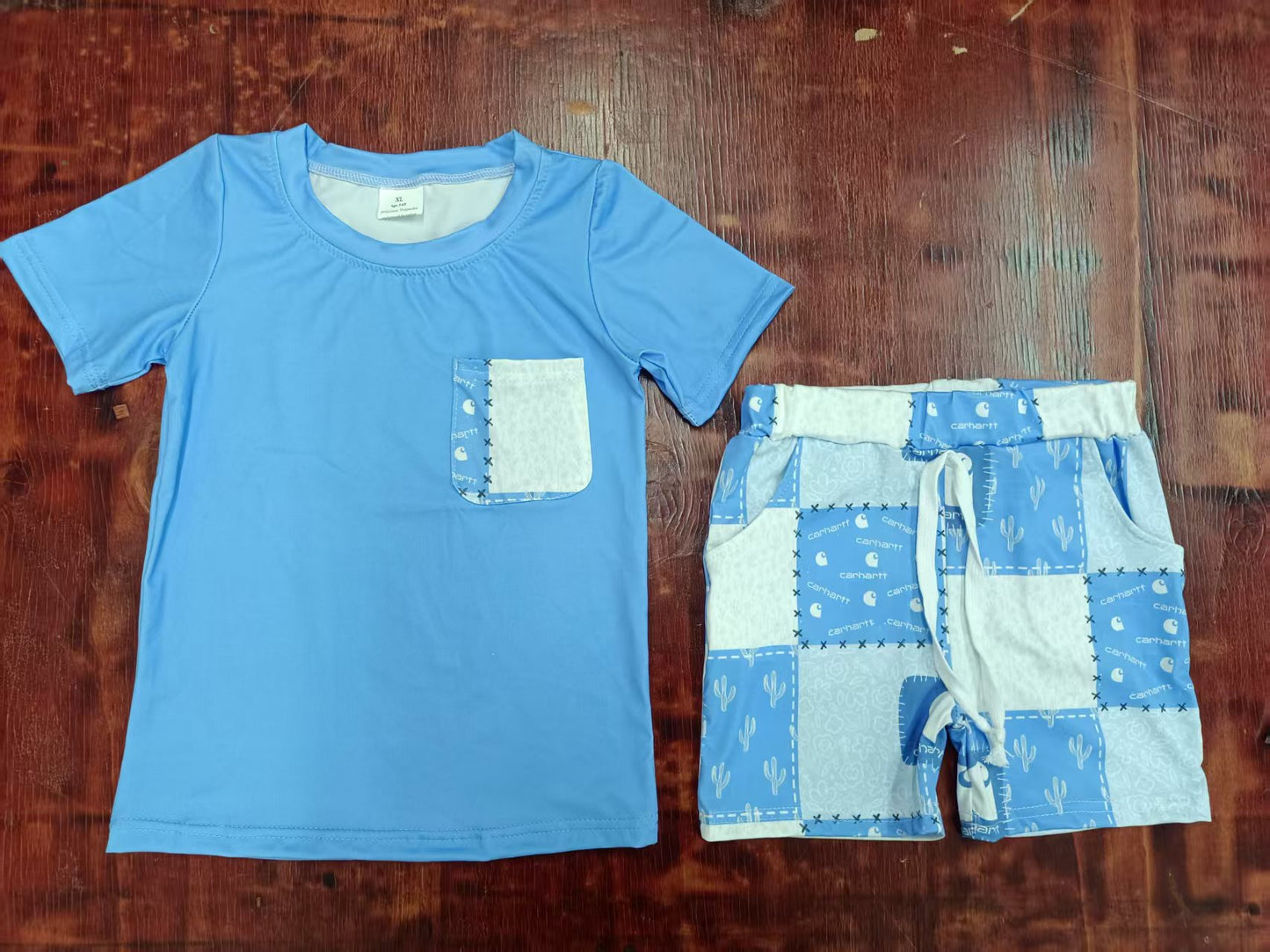 Preorder moq 5 Baby Boys Blue Short Sleeves Pocket Top Plaid Cactus Floral Short Set